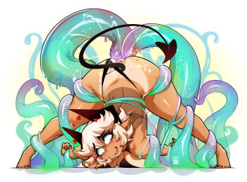 Rule 34 | 1girl, ahegao, bayeuxman, breasts, brown hair, demon horns, face down, heart, highres, horns, jack-o' challenge, legs, light smile, open mouth, original, red eyes, saliva, solo, tail, tan, tanline, tentacle sex, tentacles, thighhighs, top-down bottom-up, upturned eyes, white background