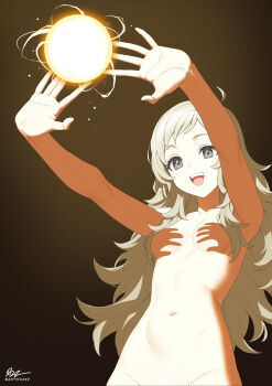 1girl :d absurdres ahoge artist_name blonde_hair breasts commission completely_nude dhokidoki fire_emblem fire_emblem_fates gradient_background grey_eyes hand_shadow_covering_breasts_(meme) hands_up highres long_hair looking_to_the_side magic meme navel nintendo nude open_mouth ophelia_(fire_emblem) outstretched_arms shadow_censor small_breasts smile solo teeth upper_body upper_teeth_only very_long_hair yellow_background