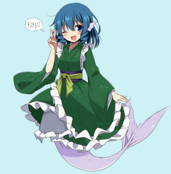 1girl ;d blue_background blue_eyes blue_hair blush breasts commentary_request drill_hair drill_sidelocks english_text fins frilled_kimono frills full_body green_kimono head_fins highres japanese_clothes kimono long_sleeves looking_at_viewer mermaid monster_girl obi one_eye_closed open_mouth purple_sash sash short_hair sidelocks simple_background smile solo speech_bubble touhou tsuukinkaisoku_oomiya v wakasagihime wide_sleeves