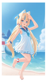 Rule 34 | 1girl, :d, absurdres, ahoge, animal ear fluff, animal ears, aqua eyes, aqua neckerchief, armpits, bare legs, barefoot, beach, blonde hair, blue eyes, blue hair, blue nails, blue neckerchief, blue sailor collar, blue scrunchie, blue sky, border, cat ears, cloud, commentary, day, dress, english commentary, feet, fins, fish girl, fish tail, foot up, fpvjoe, frilled dress, frills, full body, hand on own forehead, highres, indie virtual youtuber, lighthouse, long hair, looking at viewer, low twintails, multicolored hair, nail polish, neckerchief, ocean, open mouth, outdoors, outside border, sailor collar, sameko saba, scrunchie, signature, sky, sleeveless, sleeveless dress, smile, solo, streaked hair, tail, toenail polish, toenails, toes, twintails, very long hair, virtual youtuber, white border, white dress, wrist scrunchie