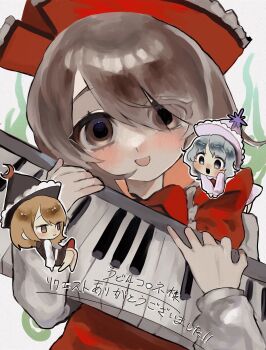 Rule 34 | 3girls, absurdres, black hat, black skirt, black vest, blush, brown eyes, brown hair, closed mouth, collared vest, crescent, crescent hat ornament, floating, frilled hat, frills, haniwa kue, hat, hat ornament, highres, holding, holding instrument, instrument, keyboard (instrument), looking at viewer, lunasa prismriver, lyrica prismriver, merlin prismriver, multiple girls, open mouth, perfect cherry blossom, pink hat, pink skirt, puffy sleeves, red hat, red skirt, red vest, short hair, skirt, smile, star (symbol), star hat ornament, swept bangs, touhou, vest, white background, white eyes, white hair