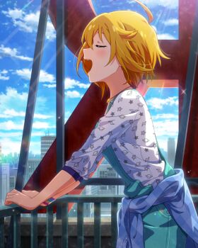 1girl ahoge aqua_overalls blonde_hair blue_jacket blush card_commentary city closed_eyes clothes_around_waist commentary_request cowboy_shot day from_side game_asset hand_on_railing ibuki_tsubasa idolmaster idolmaster_million_live! idolmaster_million_live!_theater_days jacket jacket_around_waist official_art open_mouth outdoors overalls print_shirt profile railing shirt short_hair solo standing star_(symbol) star_print third-party_source white_shirt