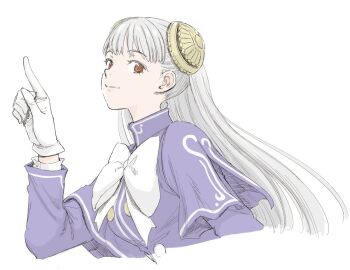 1girl bow capcom_fighting_jam coelacanth_(gyotaku) dress from_side gloves hair_ornament hairpods index_finger_raised ingrid_(capcom) project_x_zone_2 purple_dress red_eyes simple_background street_fighter white_background white_bow white_hair