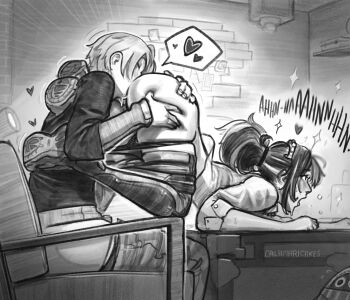 1boy 1girl anilingus ass blush calamari_cakes clothes_pull cunnilingus eous_(zenless_zone_zero) hetero indoors monochrome oral panties pants pants_pull panty_pull top-down_bottom-up underwear wise_(zenless_zone_zero) zenless_zone_zero zhu_yuan