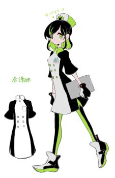 Rule 34 | 1girl, aozukikawasemi, arms at sides, black dress, black gloves, black hair, black leggings, black shoes, black sleeves, breasts, buttons, clipboard, collar, collared dress, colored inner hair, commentary request, concept art, contrast collar, double-breasted, dress, expressionless, eyelashes, full body, gloves, green collar, green eyes, green hair, green hat, green leggings, grey outline, hat, highres, holding, holding clipboard, leggings, logo print, looking at viewer, medium breasts, multicolored hair, multicolored hat, multicolored shoes, name tag, neko reset (zutomayo), nira-chan, nira-chan (nurse) (neko reset) (zutomayo), nurse, nurse cap, official art, outline, parted bangs, partially translated, print hat, production art, shoes, short hair, side slit, sidelocks, simple background, solo, swept bangs, translation request, two-sided footwear, two-tone dress, two-tone gloves, two-tone hair, two-tone leggings, two-tone shoes, walking, white background, white dress, white gloves, white hat, white shoes, wing collar, zutto mayonaka de ii no ni