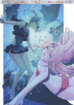 2girls absurdres air_bubble bikini black_one-piece_swimsuit black_skirt bubble calendar_(medium) dace_(kancolle) dark-skinned_female dark_skin drum_(kancolle) freediving grey_hair hair_ornament highleg highleg_one-piece_swimsuit highres incredibly_absurdres july kantai_collection long_hair manta_ray multiple_girls official_art one-piece_swimsuit pink_hair red_bikini shizuma_yoshinori skirt star_(symbol) star_hair_ornament swimsuit underwater whale_shark