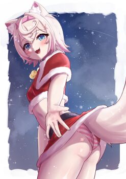1girl :3 absurdres animal_ear_fluff animal_ears ass bandaid bandaid_hair_ornament bell belly belt blonde_hair blush border christmas clothes_lift cold commentary cowboy_shot dog_ears dog_girl dog_tail english_commentary fake_horns fang from_below fur_trim hair_ornament highres hololive hololive_english horns jingle_bell kurohi_drw lifted_by_tail looking_at_viewer miniskirt mococo_abyssgard multicolored_hair neck_bell night open_mouth panties reaching reaching_towards_viewer red_skirt santa_costume short_hair skirt skirt_lift sky snowing solo streaked_hair striped_clothes striped_panties tail tail_raised tail_under_clothes underwear virtual_youtuber wedgie winter x_hair_ornament