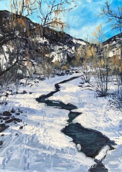 blue_sky commentary day highres kate_avery mountain no_humans oil_painting_(medium) original outdoors painting_(medium) scenery sky snow stream traditional_media tree winter