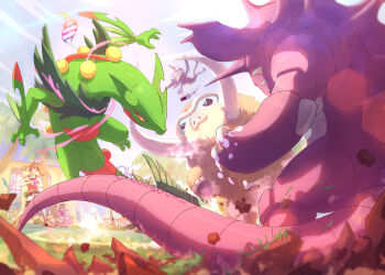 1boy 3girls bike_shorts bike_shorts_under_shorts bracelet brown_hair commentary day fanny_pack fence gen_1_pokemon gen_3_pokemon gen_4_pokemon grass green_bag hairband hat hoodiecrow jewelry mamoswine may_(pokemon) mega_pokemon mega_sceptile multiple_girls nidoking nintendo outdoors pokemon pokemon_battle pokemon_oras rock sableye sceptile shirt shoes shorts sleeveless sleeveless_shirt smile standing twitter_username watermark white_shorts yellow_shoes