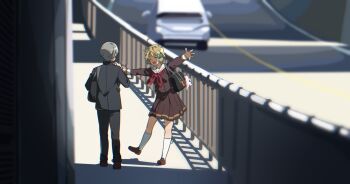 Rule 34 | 1boy, 1girl, ahoge, bag, bow, brown hair, car, fluffy hair, fuyuhino, grey hair, hair bow, happy, hibike! euphonium, kawashima sapphire, motor vehicle, outstretched arms, railing, road, school uniform, short hair, shoulder bag, smile, street, toy dinosaur, tsukinaga motomu, wide shot