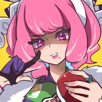 1girl absurdres bow bracelet drill_hair drill_sidelocks dynamax_band eyeshadow flipped_hair fur_jacket hair_bow hairband highres index_finger_raised jacket jewelry klara_(pokemon) makeup mole mole_under_mouth moya_44444 nintendo pink_eyeshadow pink_hair pink_lips pokemon pokemon_swsh print_shirt purple_eyes ring shaded_face shirt short_hair sidelocks smile solo two-tone_shirt upper_body white_bow white_hairband