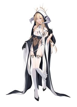 1boy absurdres azur_lane bare_shoulders black_gloves black_shoes black_veil blonde_hair breast_cutout breasts cleavage crossdressing crossdressing_(mtf) dress fake_horns genderswap genderswap_(ftm) gloves hair_between_eyes half_gloves high_heels highres horns implacable_(azur_lane) long_bangs long_hair long_hair_between_eyes nun p.maker pelvic_curtain red_eyes revealing_clothes shoes simple_background solo tachi-e thighhighs trap two-tone_dress veil very_long_hair white_horns white_thighhighs