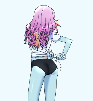 1girl aqua_skin ass back_fin bikini black_bikini colored_skin commentary_request curly_hair dragon_quest dragon_quest_x fins fish_girl from_behind head_fins long_hair momo_nei monster_girl official_alternate_costume pink_hair shirt solo swimsuit weddie_(dq10) white_background white_shirt wringing_clothes