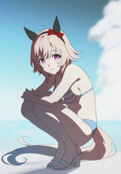1girl animal_ears bare_shoulders bikini black_hairband blue_bikini blue_sky blurry blurry_background bow breasts closed_mouth cloud curren_chan_(umamusume) ear_bow ear_covers grey_hair hair_between_eyes hairband high_heels highres horse_ears horse_girl horse_tail looking_at_viewer medium_breasts munmunmu ocean outdoors purple_eyes red_bow short_hair sky smile solo squatting striped_bikini striped_clothes swimsuit tail umamusume white_bikini