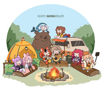 >_< >_o 6+girls :3 :d absurdres ahoge amplifier animal_ears animal_hood asymmetrical_legwear awning bear berry blonde_hair blue_hair blue_hoodie boots braid brown_capelet brown_cloak brown_hair bush campfire camping capelet cat_ears cat_tail cellphone cloak closed_eyes collar crossed_bangs demon_horns dog_ears dog_girl dog_tail double_bun dress feather_hair_ornament feathers fire fongban_illust food forest gloves grass grin guitar hair_bun hair_ornament hakos_baelz hakos_baelz_(1st_costume) hakui_koyori hakui_koyori_(1st_costume) happy_birthday highres holding holding_guitar holding_instrument hololive hololive_english hood hoodie hootsie_(nanashi_mumei) horns instrument irys_(hololive) irys_(irys_2.0)_(hololive) jacket lab_coat lantern log long_hair marshmallow mismatched_legwear momosuzu_nene momosuzu_nene_(1st_costume) motor_vehicle mouse_girl multicolored_hair multiple_girls mumei_(song)_(hololive) music nanashi_mumei nanashi_mumei_(1st_costume) nature nekomata_okayu nekomata_okayu_(1st_costume) one_eye_closed open_mouth outdoors phone picnic_blanket pink_hair playing_instrument ponytail purple_hair red_hair roasted_marshmallow selfie_stick shark_girl shark_hood sharp_teeth short_hair singing sitting sitting_on_log smartphone smile spiked_collar spikes streaked_hair tail teeth tent twintails van very_long_hair virtual_youtuber white_hair yellow_jacket