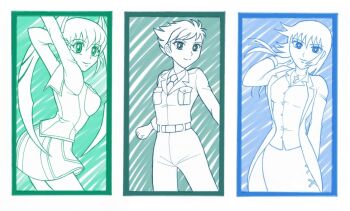 3girls apocrypha_getter_robo_darkness arm_behind_head belt blue_theme buttons collared_shirt column_lineup cross cross_necklace eyeliner getter_robo green_theme jewelry kaibaraumi kei_kuruma lab_coat lineup long_hair looking_at_viewer looking_back makeup military_uniform monochrome multiple_girls multiple_monochrome musashi_(getter_darkness) necklace necktie new_getter_robo pocket portrait saotome_michiru shin_getter_robo shirt short_hair sidelocks skirt twintails white_background