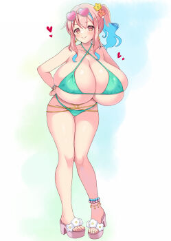 blue_hair blush breasts cleavage closed_mouth collarbone colored_skin commentary_request eyewear_on_head feet flower full_body gigantic_breasts green_skin hair_flower hair_ornament hands_on_own_hips heart heart-shaped_eyewear highres hozuki_kaede miyako_(mongcocoa) multicolored_hair onii-chan_wa_oshimai! pink_hair platform_sandals sandals side_ponytail sidelocks simple_background skindentation smile smug standing sunglasses toes two-tone_hair