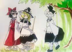 Rule 34 | 1girl, absurdres, black bow, black footwear, black hair, black shirt, black skirt, blonde hair, bloomers, bobby socks, bow, bow (music), broom, commentary request, detached sleeves, embodiment of scarlet devil, frilled skirt, frills, gohei, grass, hair bow, hakurei reimu, highres, holding, holding broom, japanese clothes, jitome, kaigen 1025, kariginu, kirisame marisa, long sleeves, monochrome, outdoors, red bow, red skirt, red vest, satsuki rin, shirt, short hair, skirt, sleeveless, sleeveless shirt, sleeves past fingers, sleeves past wrists, socks, touhou, tree, underwear, vest, white bloomers, white hair, white shirt, white sleeves, white socks, wide sleeves
