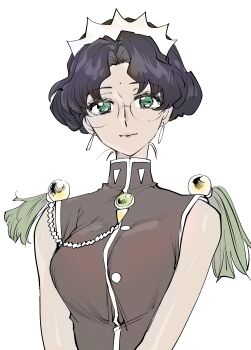 absurdres aiguillette bad_id bad_twitter_id bindi closed_mouth crown dark-skinned_female dark_skin dontmaindzanmai dress earrings epaulettes flower glasses green_eyes high_collar highres himemiya_anthy jewelry parted_bangs purple_hair rose round_eyewear shoujo_kakumei_utena shoujo_kakumei_utena_adolescence_mokushiroku solo upper_body white_background