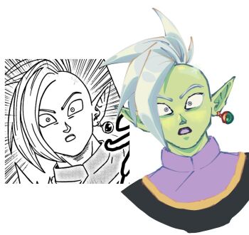 1boy cashmro colored_skin comic_panel_redraw derivative_work dragon_ball dragon_ball_super earrings gasp green_skin grey_eyes highres jewelry mohawk pointy_ears potara_earrings purple_shirt redrawn shirt shocked_pupils short_hair solo surprised white_hair zamasu