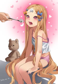 1girl abigail_williams_(fate) absurdres bad_id bad_pixiv_id bandaid bandaid_on_face bandaid_on_forehead bare_shoulders blue_bow bow camisole commentary crop_top dated fate/grand_order fate_(series) feeding food hair_bow heart highres holding holding_spoon incoming_food long_hair looking_at_viewer merong_(sou47897) multiple_hair_bows open_mouth orange_bow orange_hair panties pink_eyes pink_panties rice sitting solo_focus spoon strap_slip stuffed_animal stuffed_toy teddy_bear underwear underwear_only very_long_hair