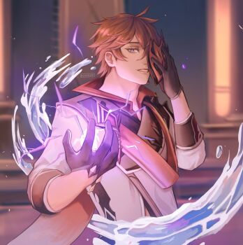 1boy arm_up artist_name black_gloves coat collared_coat commentary english_commentary from_side genshin_impact gloves gold_trim highres holding holding_mask indoors kookirani looking_at_viewer male_focus mask orange_hair parted_bangs pillar red_mask sleeve_cuffs smile solo tartaglia_(genshin_impact) water white_coat