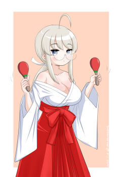 1girl ahoge bare_shoulders breasts cleavage commentary_request glasses grey_eyes grey_hair hakama heywood_l._edwards_(kancolle) heywood_l._edwards_(miko)_(kancolle) holding holding_instrument holding_maracas instrument japanese_clothes kantai_collection kimono kimono_partially_removed large_breasts low_ponytail maracas masara_(chuujou) miko one-hour_drawing_challenge ponytail red_hakama solo white_kimono