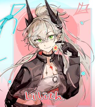 Rule 34 | 1girl, absurdres, black jacket, black skirt, breasts, chest tattoo, colored extremities, demon horns, earrings, fate/grand order, fate (series), green eyes, highres, horns, jacket, jewelry, lilith (fate), lilith (over the same sky) (fate), long hair, medium breasts, midriff, neck tattoo, open clothes, open jacket, pencil skirt, ponytail, single earring, skirt, solo, tattoo, white hair, youcuo68154