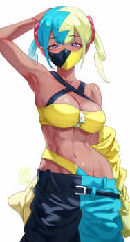 Rule 34 | 1girl, armpits, bandeau, black pants, blonde hair, blue eyes, blue hair, blue pants, breasts, canari (pokemon), cleavage, collarbone, commentary request, dark-skinned female, dark skin, highres, jacket, looking at viewer, mask, medium breasts, mouth mask, multicolored hair, navel, nintendo, pants, pokemon, pokemon legends: z-a, solo, stomach, two-tone hair, two-tone mask, two-tone pants, uenoryoma, yellow bandeau, yellow jacket