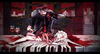 122pxsheol 1boy 1girl absurdly_long_hair black_gloves black_hair black_shirt blood blood_on_arm blood_on_face blood_on_leg cannibalism caution_tape chair closed_eyes completely_nude cropped cup death drinking_glass eating entrails facial_scar fingerless_gloves flower fork gloves guro hair_flower hair_ornament hair_spread_out holding holding_fork holding_knife intestines keep_out knife long_hair lying multicolored_hair nude on_back open_mouth organs original red_background red_light red_tie ribs sanpaku scar scar_on_cheek scar_on_face sharp_teeth shirt short_hair short_sleeves sitting skeletal_arm skeletal_hand table teeth two-tone_hair very_long_hair white_flower white_hair wine_glass