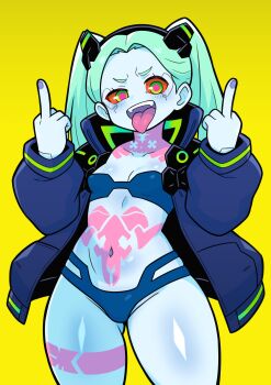 1girl absurdres bare_shoulders black_bra black_jacket black_panties bra breasts colored_sclera colored_skin curvy cyberpunk:_edgerunners cyberpunk_(series) forehead green_eyes green_hair hairband highres jacket leg_tattoo long_hair long_sleeves looking_at_viewer mechanical_eyes middle_finger navel neck_tattoo open_clothes open_jacket open_mouth panties parted_bangs rebecca_(cyberpunk) red_sclera shiny_skin siglk single_mechanical_eye small_breasts smile solo stomach_tattoo tattoo thighs thong tongue tongue_out twintails underwear white_skin wide_hips