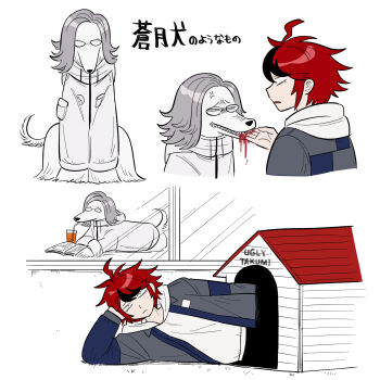 Rule 34 | 1boy, ahoge, anger vein, animal, animal with hair, animalization, aotsuki eito, biting, biting another's hand, black streaks, blood, blue jacket, book, clothed animal, commentary request, dog, doghouse, drink, drinking straw, furukawa (yomawari), glasses, grey hair, grey jacket, highres, hood, hoodie, jacket, jacket over hoodie, male focus, multicolored hair, multicolored jacket, multiple views, open book, open clothes, open jacket, red hair, short hair, spoilers, streaked hair, sumino takumi, the hundred line -last defense academy-, translation request, two-tone hair, two-tone jacket, white background, white hoodie, white jacket