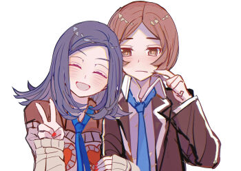 1boy 1girl ^_^ absurdres amano_maya black_jacket blazer blue_hair blue_necktie blush border brown_eyes brown_hair brown_jacket brown_shirt closed_eyes closed_mouth collared_shirt dot_nose eyelashes frown happy heart heart_print hetero highres holding_another&#039;s_arm jacket layered_sleeves long_sleeves looking_at_another medium_hair nail_polish necktie off-shoulder_jacket off_shoulder open_mouth persona persona_2 red_nails school_uniform scratching_cheek shirt shocho_(shaojiujiu) short_hair simple_background sleeves_past_wrists smile suou_tatsuya sweater_jacket upper_body v white_background white_shirt