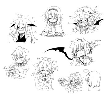 Rule 34 | 4girls, alice margatroid, angry, bat wings, book, doll, embarrassed, female focus, greyscale, headband, izayoi sakuya, koakuma, lysander z, maid, maid headdress, monochrome, monochrome, multiple girls, o o, remilia scarlet, ribbon, sleepy, tears, touhou, wings