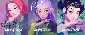 3girls black_eyeliner black_hair braid braided_ponytail celinekim218 commentary double_bun earrings eyeliner grey_nails group_name hair_bun halterneck highres jewelry kpop_demon_hunters makeup mira_(kpop_demon_hunters) multiple_girls one_eye_closed pink_hair pink_lips purple_hair ring rumi_(kpop_demon_hunters) short_bangs sidelocks smile twintails upper_body zoey_(kpop_demon_hunters)