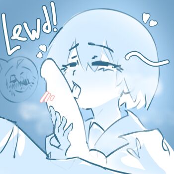 1boy 1girl :< ahoge araragi_koyomi azmcch black_eyes blue_background blue_theme blush bob_cut closed_mouth collared_shirt commentary drawn_heart dress_shirt empty_eyes english_text erection fellatio hair_between_eyes hair_over_one_eye handjob heart highres juliet_sleeves large_penis licking licking_penis long_sleeves monochrome monogatari_(series) naoetsu_high_school_uniform narrowed_eyes naughty_face nose_blush notice_lines open_mouth oral oshino_ougi pants penis puffy_long_sleeves puffy_sleeves raised_eyebrows school_uniform sex shirt short_hair solo_focus speech_bubble spoken_character steam steaming_body sweatdrop tongue tongue_out untranslatable_commentary