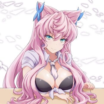 1girl amesuku_gyaru between_breasts breasts cleavage green_eyes gyaru hair_between_eyes hair_ornament highres kogal large_breasts long_hair looking_at_viewer maria_cadenzavna_eve necktie necktie_between_breasts pink_hair senki_zesshou_symphogear smile solo very_long_hair yakatsu