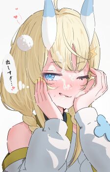 1girl absurdres bare_shoulders blonde_hair blue_eyes blue_horns braid check_translation commentary_request cum cum_on_body detached_sleeves facial hair_ornament hair_over_shoulder half-closed_eyes heart highres hisasuzu horns japanese_clothes kadou_mikaru lightning_bolt lightning_bolt_hair_ornament lightning_bolt_symbol long_sleeves low_twin_braids multicolored_horns nijisanji one_eye_closed parted_lips pom_pom_(clothes) pom_pom_hair_ornament saliva simple_background solo translation_request twin_braids two-tone_horns upper_body virtual_youtuber white_background white_horns white_sleeves