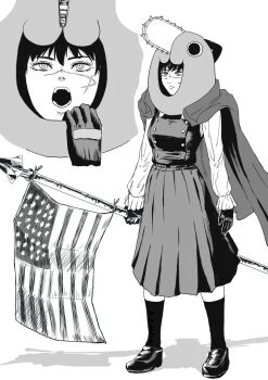 Rule 34 | 1girl, american flag, breasts, cape, chainsaw man, character hat, commentary request, cross scar, dress, facial scar, flag, greyscale, hat, highres, holding, holding flag, k.rikina, loafers, medium breasts, monochrome, open mouth, pinafore dress, pleated dress, pochita (chainsaw man), ringed eyes, scar, scar on cheek, scar on face, scar on nose, shoes, sleeveless, sleeveless dress, socks, yoru (chainsaw man)