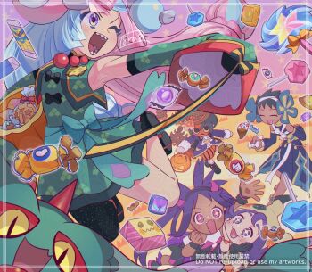 Rule 34 | 1boy, 4girls, ;d, acerola (fall 2020) (pokemon), acerola (pokemon), adversarial noise, allister (fall 2022) (pokemon), allister (pokemon), arm up, bead bracelet, beads, black footwear, blue hair, blush, bow, bracelet, bucket, candy, closed eyes, cofagrigus, commentary request, dark-skinned female, dark skin, detached sleeves, dress, fangs, flutter mane, food, gen 5 pokemon, gen 6 pokemon, gen 7 pokemon, green bow, green dress, green vest, hair ornament, hair rings, halloween bucket, happy, haraya, holding, holding bucket, holding candy, holding food, iono (fall 2024) (pokemon), iono (pokemon), iris (fall 2022) (pokemon), iris (pokemon), jacket, jewelry, long hair, looking up, mask, mimikyu, multicolored hair, multiple girls, nintendo, one eye closed, open mouth, outstretched arm, phoebe (fall 2023) (pokemon), phoebe (pokemon), pink eyes, pink hair, pokemon, pokemon (creature), pokemon masters ex, puffy shorts, pumpkaboo, purple eyes, purple hair, purple jacket, sharp teeth, short hair, shorts, signature, smile, sparkling eyes, striped clothes, striped shorts, teeth, two-tone hair, very dark skin, vest, white bow