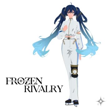 1girl 3d ahoge alternate_costume arm_cutout blender_(medium) blue_eyes blue_hair breasts closed_mouth clothing_cutout commentary crop_top english_commentary full_body goo_engine_(medium) gradient_hair guest_art hand_up ice_skates iuno_(wuthering_waves) jacket knee_pads logo long_hair long_sleeves looking_at_viewer medium_breasts multicolored_hair pants simple_background single_knee_pad skates smile solo standing title twintails white_background white_jacket white_pants winterstellar_studios wuthering_waves