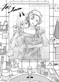 2girls anger_vein bandages biting_shoulder bow braid chainsaw_man character_request comb commentary commission cross-shaped_pupils demon_horns dollllls2 dress english_commentary english_text food frilled_dress frills greyscale hair_between_eyes hair_ornament hair_tie headband highres holding holding_hair_tie horns implied_yuri indoors long_hair looking_at_viewer mirror monochrome multiple_girls pochita_(chainsaw_man) power_(chainsaw_man) reflection sharp_teeth single_off_shoulder sink soup sticky_note sweatdrop symbol-shaped_pupils tearing_up teeth toothbrush toothpaste towel twin_braids water watermark
