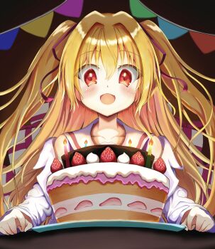 1girl :d absurdres bare_shoulders birthday birthday_cake blonde_hair blush cake candle candlelight coat collarbone commentary_request eyes_visible_through_hair food from_below fruit hair_between_eyes hair_intakes hair_ribbon happy highres irotoridori_no_sekai lab_coat long_hair long_sleeves looking_down nikaidou_shinku open_clothes open_coat open_mouth red_eyes red_ribbon ribbon sailor_collar school_uniform serafuku sidelocks smile solo strawberry two_side_up underlighting upper_body user_gesz2338 very_long_hair white_sailor_collar