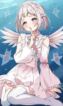 1girl absurdres blue_eyes blue_ribbon blush boots braid clothing_cutout commentary_request crouching_start dress finger_to_mouth frilled_sleeves frills gakuen_idolmaster grey_hair hair_ribbon half_up_braid heart high_heel_boots high_heels highres idolmaster katsuragi_lilja long_sleeves looking_at_viewer neck_ribbon official_alternate_costume ribbon ribbon_braid sea_angel short_hair shoulder_cutout shushing sidelocks solo thigh_boots white_boots white_dress wide_sleeves