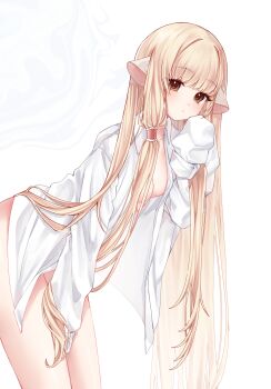 1girl absurdly_long_hair absurdres bare_legs blonde_hair blunt_bangs breasts brown_eyes chii chobits closed_mouth collared_shirt cowboy_shot dot_mouth dot_nose expressionless from_side hair_between_eyes hand_between_thighs highres hiruchii_(hiruruchyan) humanoid_robot leaning_forward long_hair long_sleeves looking_at_viewer naked_shirt no_bra no_panties open_clothes open_shirt persocom robot robot_ears shirt simple_background sleeves_past_fingers sleeves_past_wrists small_breasts solo standing very_long_hair white_background white_shirt