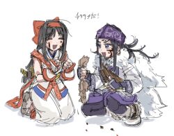 Rule 34 | 2girls, ainu clothes, black hair, blood, blood on face, blue eyes, boots, breasts, clenched hands, closed eyes, crossover, feet, fingerless gloves, gloves, golden kamuy, hair ribbon, happy, highres, japanese text, kneeling, legs, long hair, multiple girls, nakoruru, open mouth, pantyhose, ribbon, samurai spirits, small breasts, smile, snk, squatting, squirrel, the king of fighters, the king of fighters xv, thighs, translation request, weapon