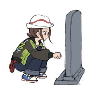 1girl blue_shoes brown_hair closed_mouth eyelashes from_side green_jacket harmony_(pokemon) hashtag-only_commentary hat jacket long_sleeves nintendo pants pokemon pokemon_legends:_z-a print_jacket red_bag shoes sidelocks simple_background sneakers solo squatting tombstone white_background white_hat xlii_idk