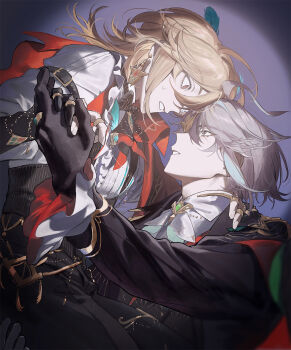 2boys alhaitham_(genshin_impact) alhaitham_(kfc)_(genshin_impact) black_gloves blonde_hair clothing_request commentary earrings feather_hair_ornament feathers from_side genshin_impact gloves grey_hair hair_ornament highres holding_hands jewelry kaveh_(genshin_impact) kaveh_(kfc)_(genshin_impact) long_sleeves looking_at_another male_focus multiple_boys onononnu_u partially_fingerless_gloves red_eyes ring short_hair symbol-only_commentary teeth yaoi