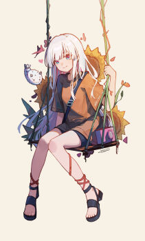 1girl blue_eyes bug butterfly camera chinese_commentary cho_kaguya-hime! commentary_request flower fushi_(cho_kaguya-hime!) heanna heart highres insect long_hair multicolored_hair on_swing pink_hair runami_yachiyo sandals short_sleeves shorts simple_background sitting smile straight_hair sunflower swing two-tone_hair white_hair