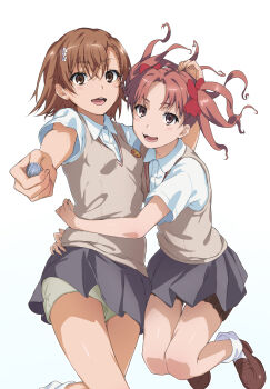 2girls :d aiming aiming_at_viewer arms_around_another's_waist bow brown_eyes brown_hair brown_shoes brown_sweater_vest coin collared_shirt commentary_request crossed_bangs grey_skirt hair_between_eyes hair_bow hair_ornament hairpin highres holding holding_coin loafers long_hair looking_at_viewer medium_hair miniskirt misaka_mikoto multiple_girls open_mouth pleated_skirt railgun_(misaka_mikoto) red_bow school_emblem school_uniform shirai_kuroko shirt shoes short_sleeves shorts shorts_under_skirt sioo_1029 skirt smile summer_uniform sweater_vest thigh_gap toaru_kagaku_no_railgun toaru_majutsu_no_index tokiwadai_school_uniform twintails v-neck white_background white_shirt